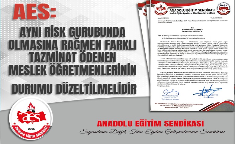 AES: AYNI RİSK GURUBUNDA OLMASINA RAĞMEN FARKLI TAZMİNAT ÖDENEN MESLEK ÖĞRETMENLERİNİN DURUMU DÜZELTİLMELİDİR