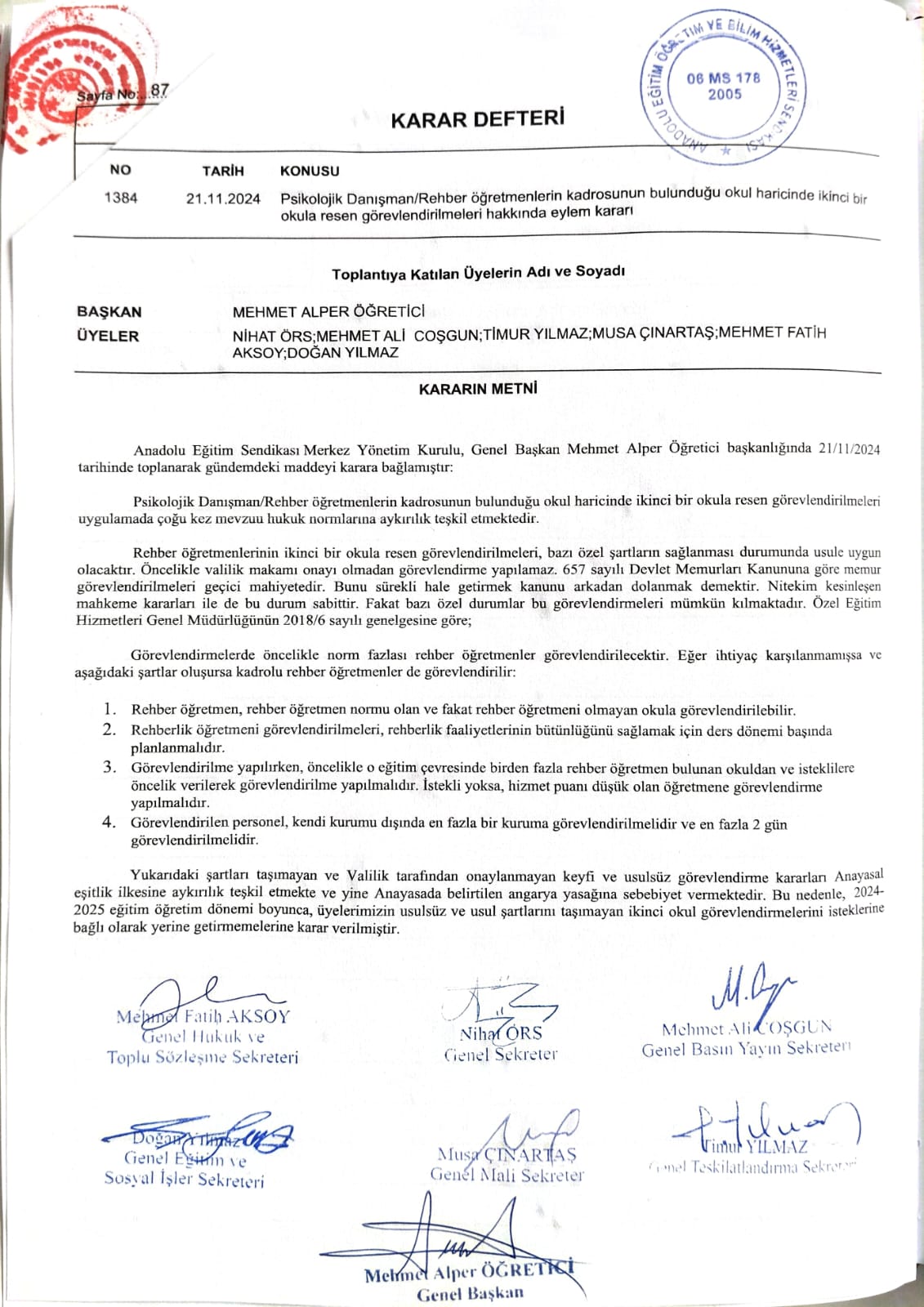 Psikolojik Danışman/Rehber öğretmenlerin kadrosunun bulunduğu okul haricinde ikinci bir okula resen görevlendirilmeleri hakkında eylem kararı